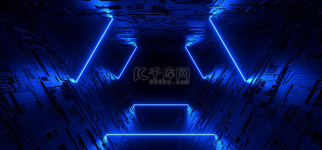 Neon Cyber Blue Glowing Vibrant Sci Fi Futuristic Tunnel Corridor Alien Spacship Dark Night Empty Triangle Schematic Motherboard Texture Cyber Technology 3D渲染图解