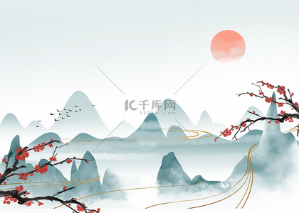 日本手绘背景图片_水墨山峰红日梅花图画背景