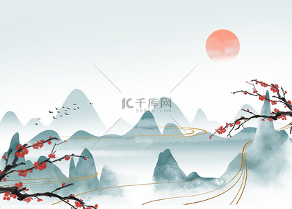 冬季水墨插画背景图片_水墨山峰红日梅花图画背景