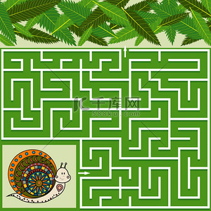 树叶矢量背景图片_色彩斑斓的迷宫游戏给孩子们带来了大自然的主题，帮助蜗牛找到了通向树叶的路，绿色的背景，矢量图解