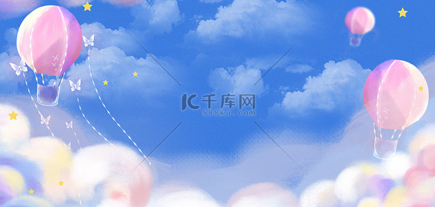 白云海报背景背景图片_热气球手绘云海梦幻海报背景
