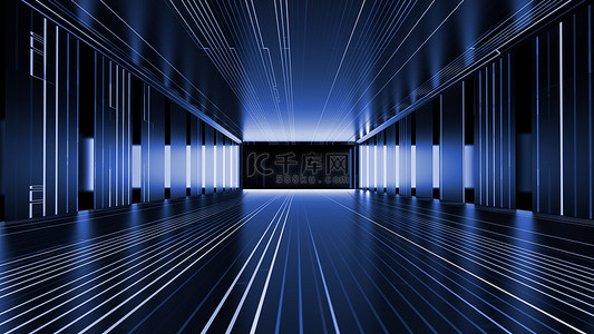 发光隧道背景图片_高分辨率抽象走廊透视馆数字技术背景.深蓝色发光隧道。3D说明。8K