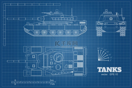 现实坦克的蓝图。顶部, 正面和侧面视图。详细的装甲车辆。工业制图。战争车在外形样式