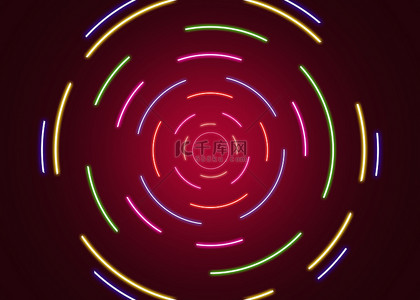 红色科技线条框背景图片_霓虹彩色圆形发光线条背景