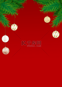 金色飘带背景背景图片_圣诞节装饰植物与挂饰红色背景