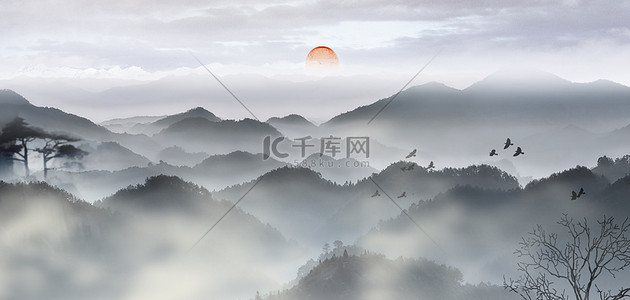 山水梦幻背景图片_水墨山水远山中式古风山峰