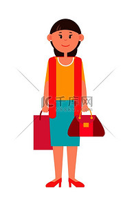 穿着休闲服的成年女性和带购物袋的细高跟鞋和优雅的钱包孤立的卡通平面矢量插图白色背景。穿着休闲服的成年女性带着购物袋