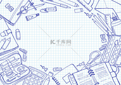 矢量草图回到学校背景。带复印空间的方形纸面上文具的涂鸦插图.