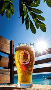 手拿啤酒背景图片_啤酒夏季海边阳光树叶栅栏