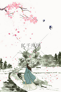 三月三上巳节国风桃花燕子背景
