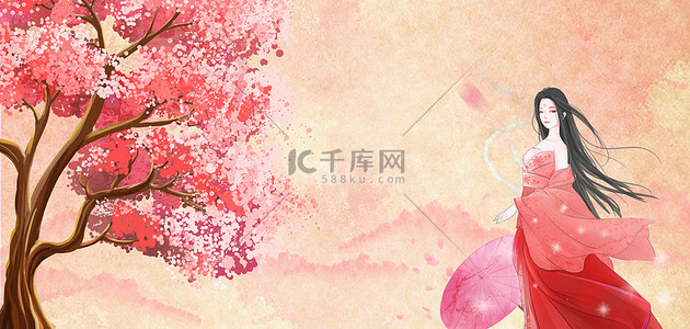 中国风水墨女子粉红国风浪漫banner