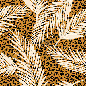 织物矢量图背景图片_无缝外来模式有棕榈叶和动物的图案。矢量手绘插图.