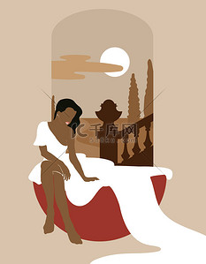 印地安捕梦网背景图片_矢量手绘了一幅简约的图画,描绘了一个身穿帽衫和无尾礼服的坐着女孩.创造性地抽象艺术品。明信片、海报、横幅、 T恤衫印模、标签、贴片模版.