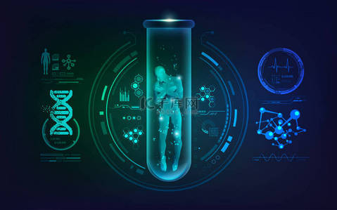 试管dna背景图片_基因工程或生物技术的概念，带有科学接口的试管中的人的图形