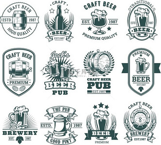 啤酒酒吧啤酒厂徽章标签标志矢量。
