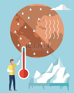 地球环境问题海报概念干燥炎热红色的地球仪全球变暖导致冰川融化人类指着测量地球上空气和水温度的温度计全球变暖和气温上升导致冰川融化