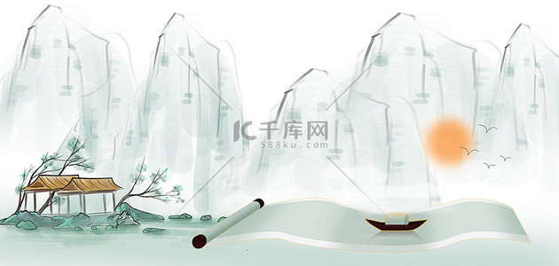 中中国画背景图片_卷轴山水绿色中国画背景