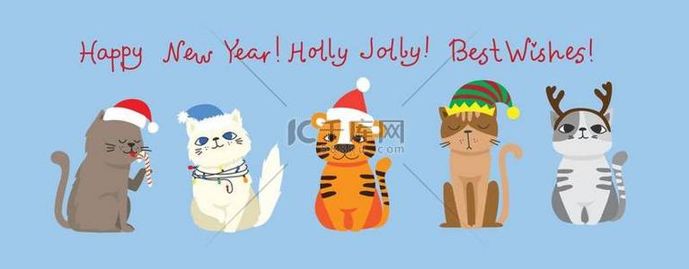 猫插图背景图片_圣诞猫，老虎和猫的快乐圣诞插图，平面卡通风格.