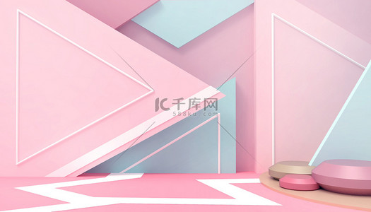 Podium Triangle Modern Geometric shape Creative Abstract composition and minimum art concept on Pink-Blue wall background - 3d rendering