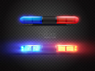 现实的警察领导的平底锅设置。 红色和蓝色的灯。 紧急情况下的透明灯塔.