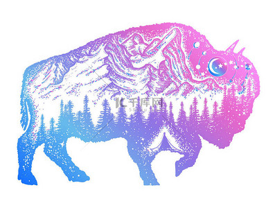 大草原旅行背景图片_野牛纹身 art。山, 森林, 夜空。魔法部落