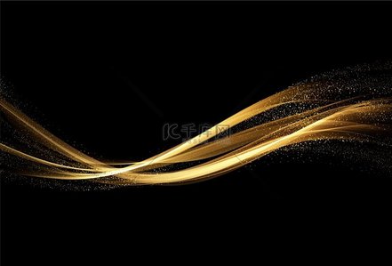 假日抽象闪亮的金色波浪设计元素和深色背景上的闪光效果。