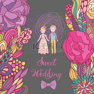礼卡背景图片_在明亮的颜色的甜蜜婚礼卡.