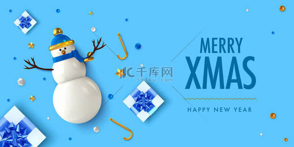圣诞卡片背景图片_圣诞节背景3D真实感矢量设计。带着礼物、雪人和金球的抽象的圣诞套餐。新年快乐卡片插图。Web横幅模板布局.
