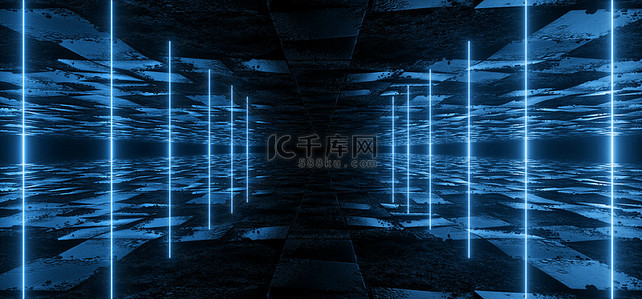 宇宙科幻未来喷射器蓝色霓虹灯现代激光束粗水泥碎石混凝土地板三角形状灯视觉电网络虚拟三维渲染图解