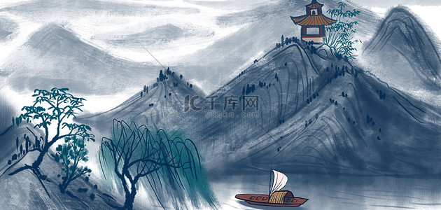 背景山背景图片_中国风背景山水船
