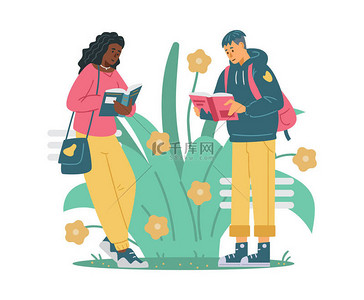Black female student stand and read a book, her white friend student is a reader too, flat vector illustration.