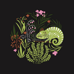 丛林动物背景图片_变色龙和热带鲜花 