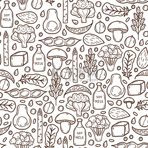 Seamless background with cartoon hand drawn objects on vegan protein source theme: tofy, soya beans and milk, quinoa, lentil, chia. Healthy vegetarian food concept