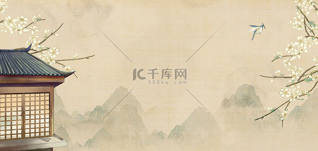 中国风花山水背景图片_工笔画花枝手绘远山古典中国风场景