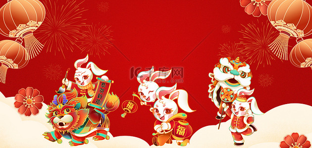 兔年兔子红色中国风背景图片_兔年全家福兔子红色中国风海报背景