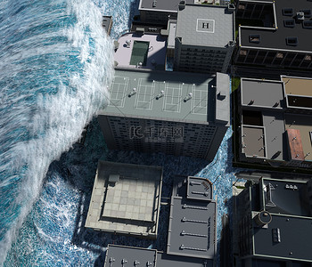 海啸背景图片_海啸巨浪预示着城市洪水风暴.3D插图