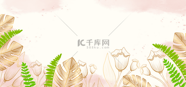 卡通叶子插画背景图片_卡通风格创意金色线稿植物背景