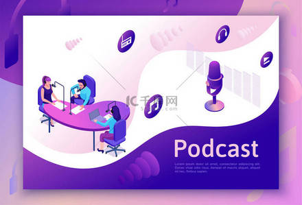 Podcast等距3D插图，现代音乐广播节目或音频博客概念，矢量登陆页面模板与人，麦克风，声音工作室内部紫罗兰色
