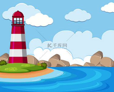 海背景图片_背景场面与灯塔由海