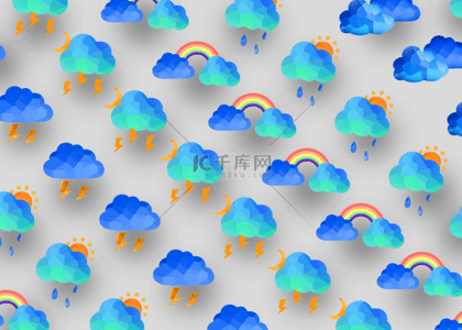 雨雷电背景图片_卡通蓝色彩虹低聚天气组合