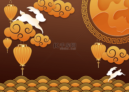 海报插画人物背景图片_中秋节祥云复古橙色背景