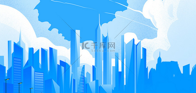 蓝色清新建筑背景图片_城市建筑蓝色卡通扁平建筑海报