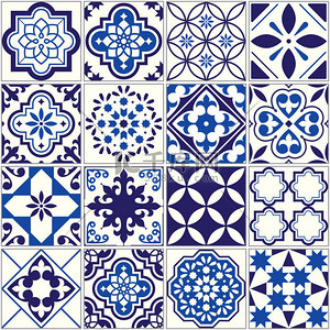 矢量平铺模式、 里斯本花卉马赛克、 地中海无缝深蓝色装饰