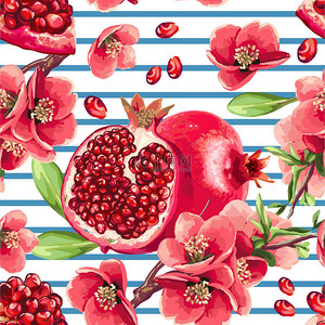 无缝纹理图案背景图片_石榴水果和鲜花.