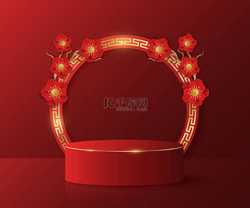 亚洲风格的3D讲台，用红墙展示您的产品。红花的树中国新年设计。带有老式图案的金相框。矢量图解。EPS 10.