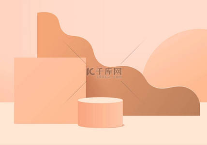 背景矢量3D粉色渲染与讲台和最小的壁景，最小的抽象背景3D渲染抽象几何形状橙色彩绘。现代网站的颁奖舞台。展台3D展示化妆品.