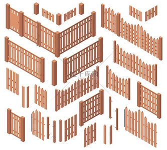 等距木制花园农场粗糙的栅栏庭院木板大门围栏木制三维栅栏矢量插图集农场木制围栏户外元素隔离在白色上等距木制花园农场粗糙的栅栏庭院木板