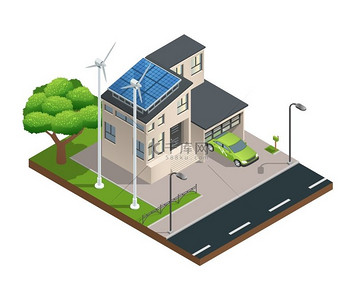 等距绿色生态住宅现代绿色生态屋带车库草坪太阳能电池板屋顶发电两台风力涡轮机等距矢量图