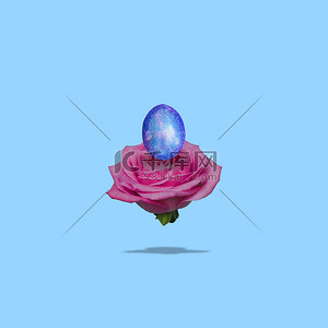 拍一拍背景图片_创意艺术拼贴。一只五颜六色的蛋从蓝色背景上的玫瑰花蕾孵出.2.悬浮的影响.