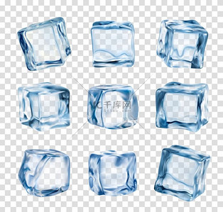 冰块在透明背景上隔离的逼真的水晶冰块用于饮料冷却的三维矢量蓝色玻璃冰块用于酒精或鸡尾酒饮料的干净方形冷冻水块冰块逼真的水晶冰块